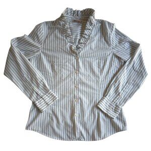 Brooks Brothers Women’s Long Sleeve Ruffle V Neck Button Striped Shirt 10 Cotton